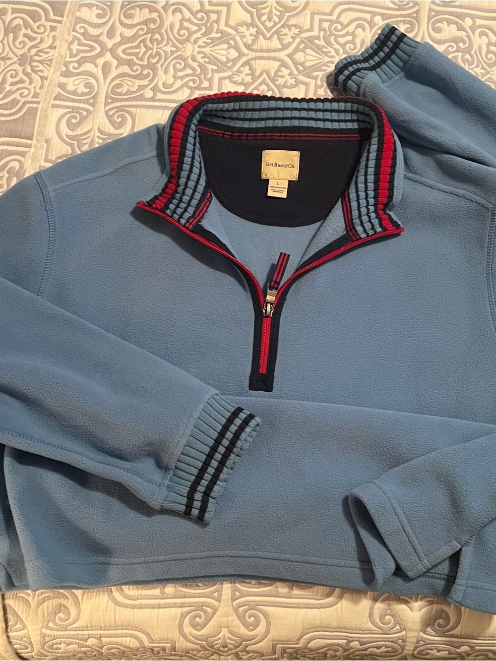 G.H. Bass & Co. Light Blue Quarter-Zip Fleece with Navy and Red Trim - Mens LG